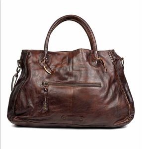 BedStu Rockaway Stitch Detail Distressed Satchel Bag in Teak Rustic